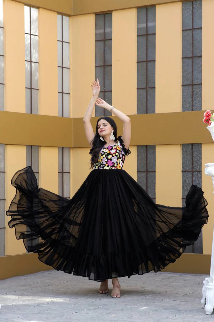 Party Wear Black Color Embroidered work Gown