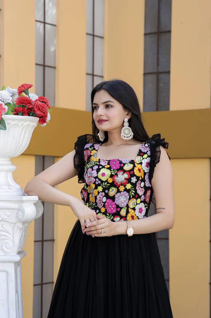 Party Wear Black Color Embroidered work Gown