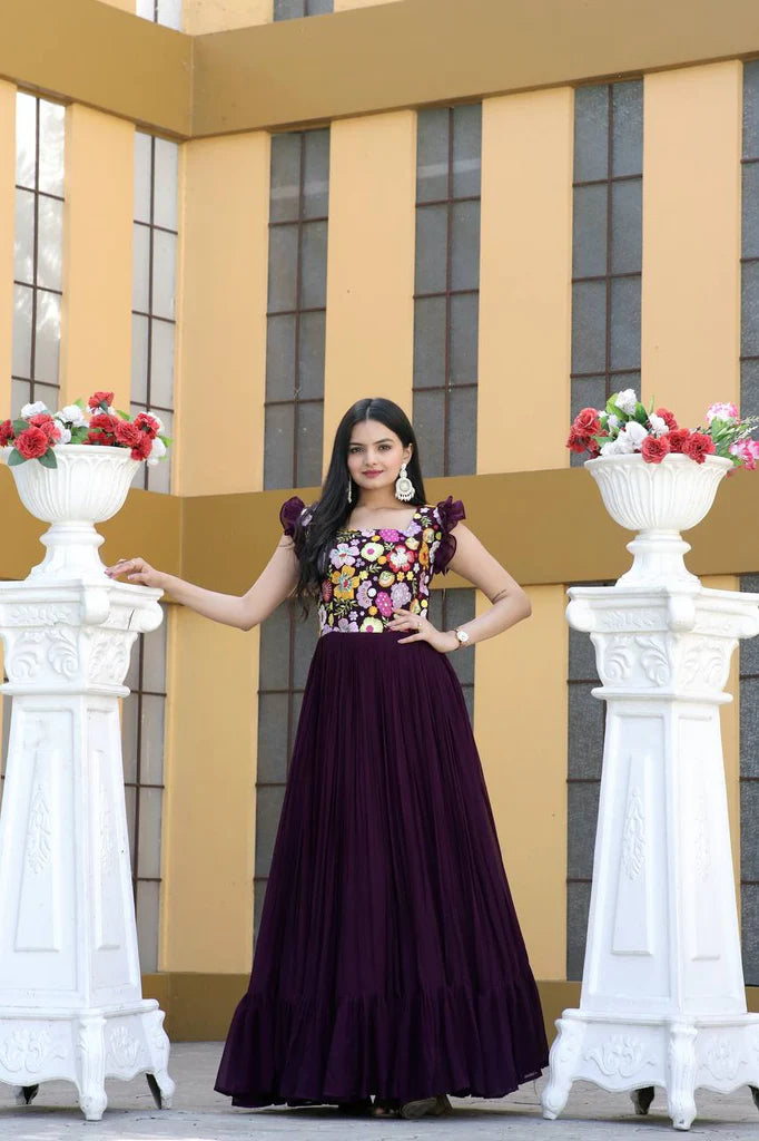 Party Wear Wine Color Embroidered work Gown