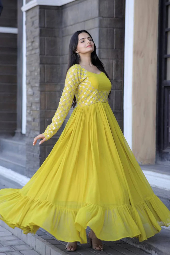 Wedding Wear Yellow Color Embroidered Work Gown