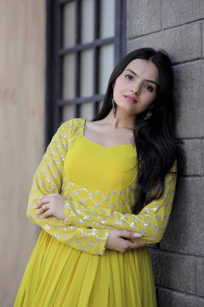Wedding Wear Yellow Color Embroidered Work Gown