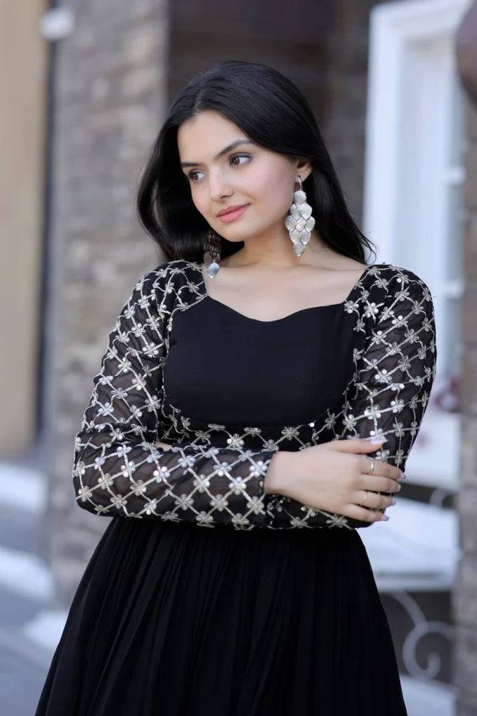 Wedding Wear Black Color Embroidered Work Gown