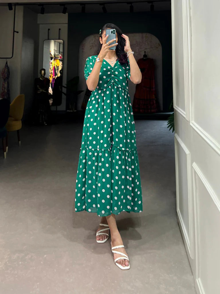 Vintage Green Polka Dot Georgette Long Frock